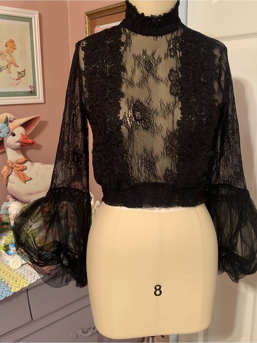 FOREVER 21 Black Sheer Lace High-Neck Whimsigoth Blouse